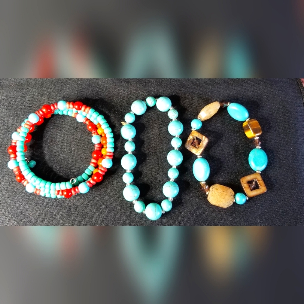 SW Style Turquoise Colored and Natural Stone Bracelets, Set of Three